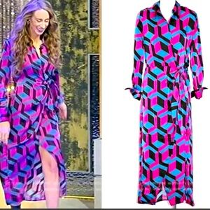 House of Harlow Satin Wrap Maxi Dress Geometric Print Long Sleeve Size large